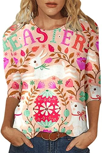 CGGMVCG Велигденски кошули за жени 3/4 ракав симпатична зајаче јајце печати мода од три четвртини ракави на ракави среќни велигденски кошули