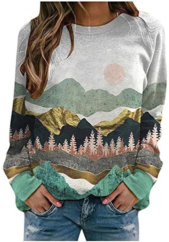 Печатени маици со долги ракави на жените О-вратот лабава маички за печатење во планински печати лесна плус големина