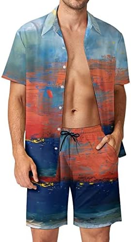 2 парчиња облека Облеки за мажи се протегаат тропски хавајски кошула и кратки комплети гроздобер случајни тренинзи за спортски шорцеви