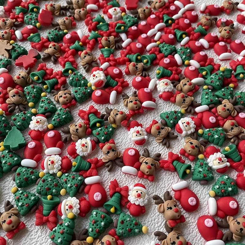 10 парчиња Божиќни нокти за шарм Цртан филм Дедо Мраз, Елк, Бел, Дрво стерео декорација на ноктите, симпатична накит за украси, додатоци