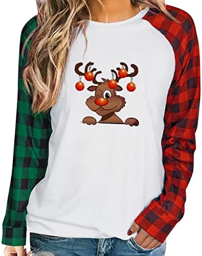Женски Божиќ отпечатен o врат со долга ракав маица врвна случајна удобна кошули, маички џемпери од блуза, жени жени