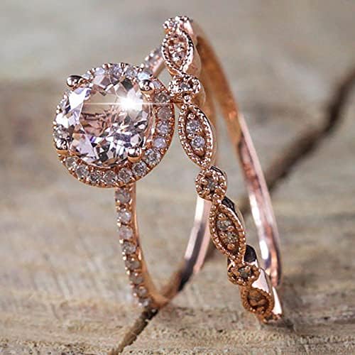 2023 Елегантни жени розово злато исполнето Морганит розов скапоцен камен Свадба невестински прстен Поврзани прстени