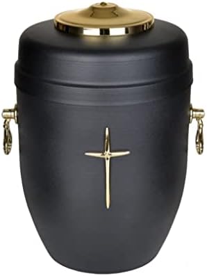 Црна метална кремирање урн, урна за пепел со златна роза, златен крст, трговска метална кремација урн, уникатна црна урна, кремација