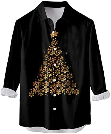 XXBR Божиќни кошули со копче надолу за мажи, долги ракави 3Д Божиќни снегулки печати хавајски кошули за забави за забавни кошули