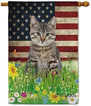 Bageyou Симпатична мачка мачка куќа знаме Прекрасна милениче маче американско знаме на САД, диви цвеќиња, цветни треви пролетни летни