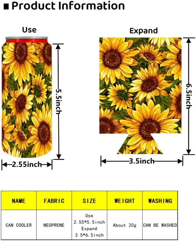 Minisan 6PCS 12oz Neoprene Drink Cooler Aneanaepple & Sunflower Elements Elements Тема лигите можат да ладилки можат да можат ракави