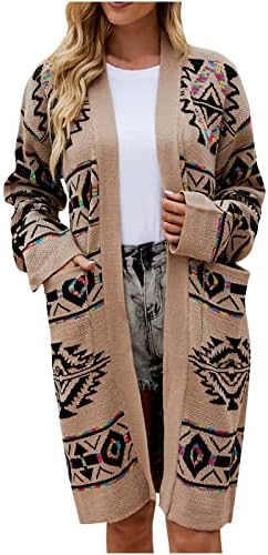 Женски гроздобер кардиган топли туники лабави вклопени џемпери геометриски принт со долг ракав отворен предниот дел на палтото за надворешна облека
