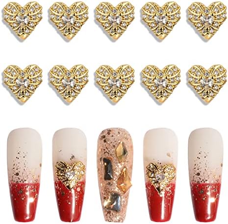 Baiyiyi 3D златни нокти уметнички шарми Rhinestones сјајни дијаманти цирконски легури во форма на срцеви додатоци за нокти во форма