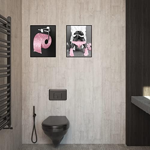 Модна wallидна уметност бања wallид декор отпечатоци сет од 6 црно -бело розово глам сјајно платно постери слики слики бања уметнички дела