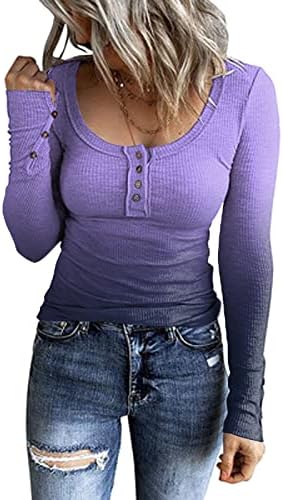 Ребреста тенок кошула со блуза за жени градиент во боја долги ракави врвови копче Хенли јака маица