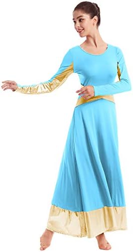 Металик злато во боја блок пофалба Литургиска лирска танцувачка облека за женски вкрстен танцување лабава целосна облека со долг