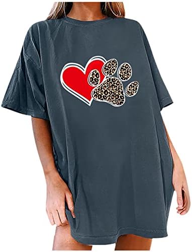 Масло сликарство на срцеви графички маички за жени слатко куче шепа печатена маица симпатична екипа на вратот на вратот, обичен туника преголем врв