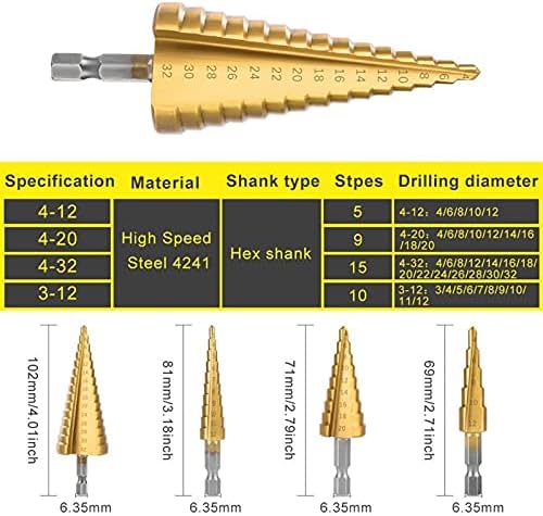 XMEIFEITS Чекор вежба 3 парчиња/поставен чекор вежба бит 4-32mm 4-20mm 4-12mm HSS T-Itanium обложени алатки за дупчење, метални дрвени дупки
