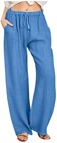 Yubnlvae панталони за жени памук и постелнина со висока еластична влечење со џебови цврсто широки нозе лабави панталони