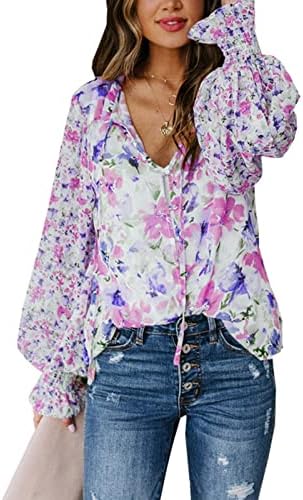 Prdecexlu копче блуза женски најмеки тенок печатени кошули со долги ракави постелнина свадба случајна плус големина V вратот лето