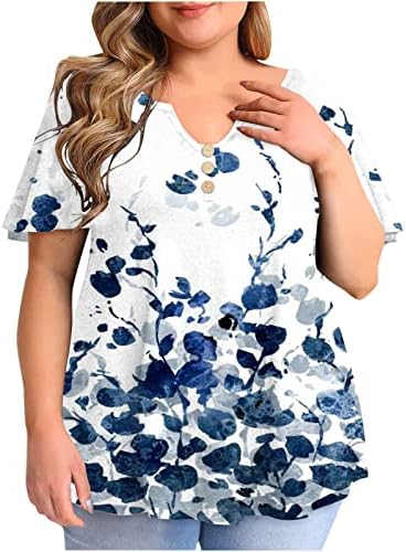 Женски плус големина лабава врвови за гроздобер маица за печатење лето пријатна маичка на врвот лабава вклопување v вратот копче Туника