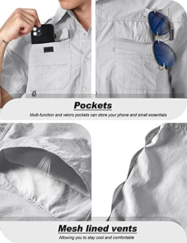 Менс со кратки ракави за риболов кошули UPF 50+ Сонце Потек УВ кошули за пешачење со копче за работа надолу со кошули со џебови од велкро