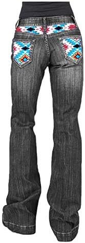 Женски обични тексас фармерки со џебови Атлетски плус големина на ниско ниво на половината, печатете го копчето за лабави тексас панталони