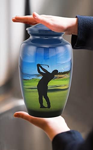 Голф Урн, Кремација за голф урн за пепел, класичен играч на голф, возрасна рака насликана голф урн, голем голф спомен урн со кадифена торба