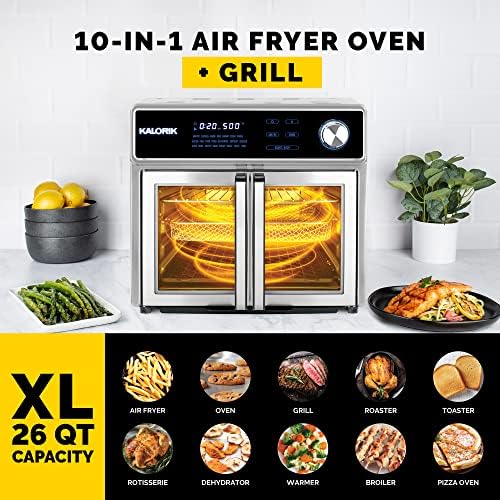 Kalorik Maxx Air Fryer Ryer Grill Grill Deluxe AFO 51041 SS | 26 Quart Digital без чад во затворен простор и воздушна пржена печка