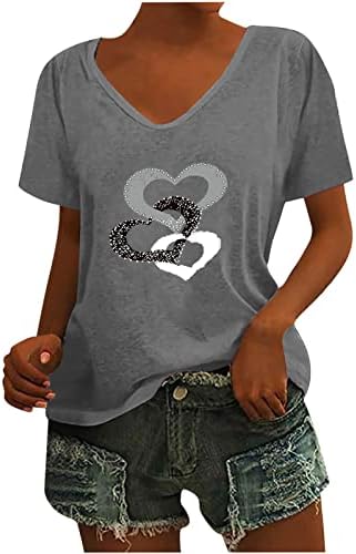 Врвовите за жени сакаат печатени печатени врвови летни обични маици основни маица со краток ракав лабава лабава блузи од врата од врата од