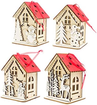 Besportble 4 парчиња креативни Божиќни украси Мала лог кабина со светла дрвена куќа Божиќ украс