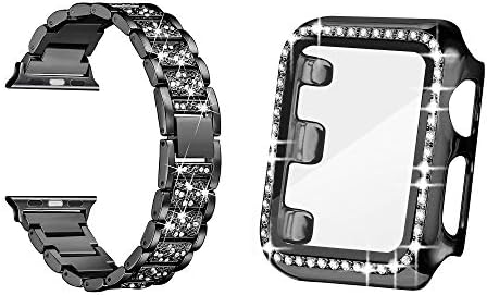 Црниот случај на црно треперење на Secbolt 40 mm со заштитник на екранот и Black Bling Band за Apple Watch 40mm Iwatch SE Series 6/5/4