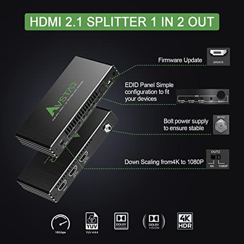 8K@60Hz 4K@120Hz HDMI 2.1 Сплитер 1x2,48Gbps, поддржува звучна лента, HDCP 2.2, HDCP 2.3 бајпас, дупликат/огледало, EDID, копија,