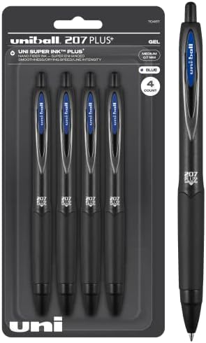 Uni-Ball 207 Plus+ Pence Pens Pens 4 Pens 4 во сина боја со совети за пенкало со средна точка од 0,7 мм-Уни-супер мастило+ е мазно, живописно