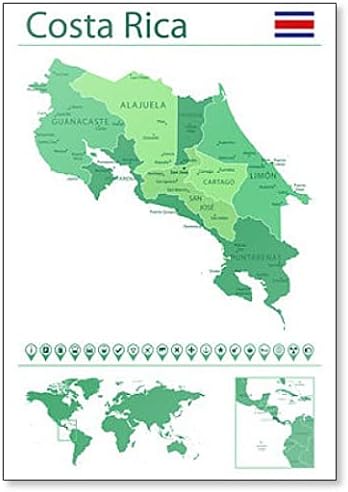 Костарика Детална Карта и Знаме. Костарика На Мапата На Светот. Фрижидер Магнет