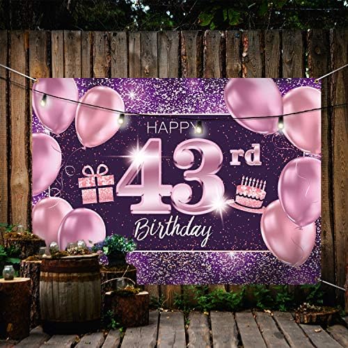 Пакбум Среќен 43-Ти Роденден Банер Позадина - 43 Декорации За Роденденски Забави За Жени-Розова Виолетова Златна 4 x 6ft