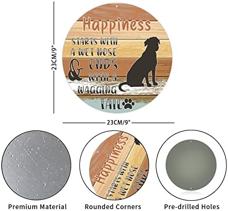 Смешен тркалезен метален знак на кучиња Среќата започнува со влажен нос декоративен венец знак за домашно милениче куче врата за закачалка