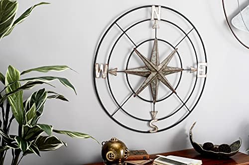 Деко 79 Метален компас Внатрешен украсен wallиден декор со потресен бакар како финиш, 32 x 2 x 32 , сива, сива