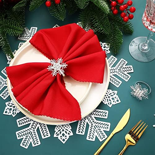 Јунџиан 18 парчиња 15 инчи Божиќни снегулки пласмати шупнат дизајн метални салфетки држачи прстени со салфетки црвена крпа формално поставување на маса за вечера за