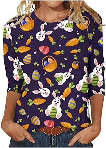 Велигденски јајца кошули за жени летен обичен тркалезен врат 3/4 ракав Велигденски печатени основни маички кошули