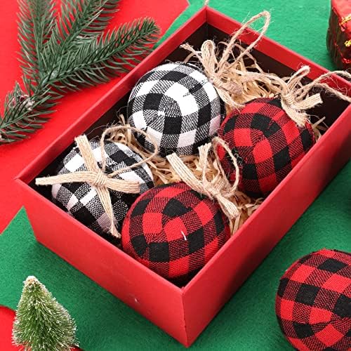 Auihiay 16 парчиња биволски карирани ткаенини топки, божиќна ткаенина завиткани топки што висат украси за украси за украси на новогодишни