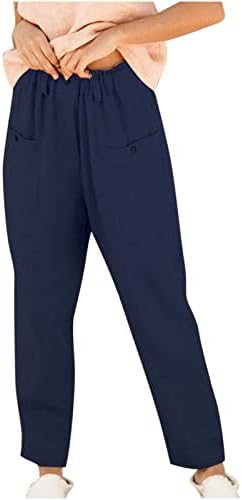 Еластични панталони за еластични половини од половината Chgbmok, памучни постелнина панталони со џебови, обични лабави широки нозе палацо