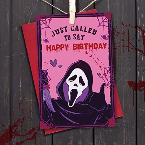 Огеби Ноќта на вештерките вреска роденденска картичка за мажи, убиец на хорор филм, подароци за картички, смешни плашливи подароци за роденден