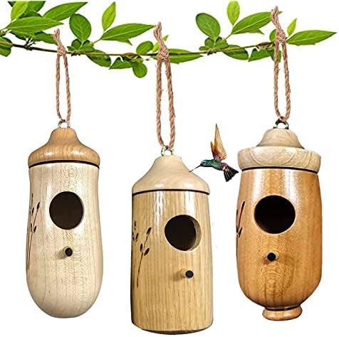 Куќа за колибри од 3 парчиња, дрвена количина куќа за надворешни висечки, дрвени потпевнувања на птици гнездо за гнездење со јажиња од