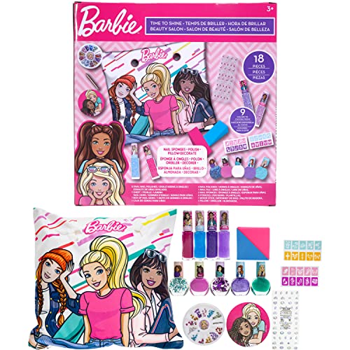 „Барби-Таунли Девојка Мега преклопна салон за нокти поставен со 18 парчиња, вклучувајќи нетоксичен лак за нокти за девојчиња, перница за