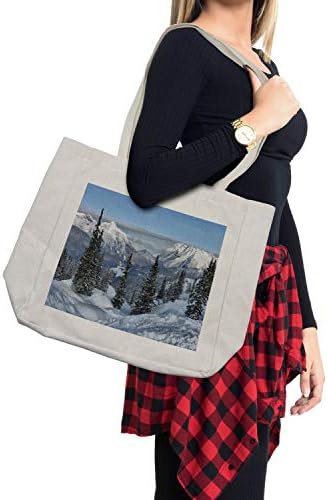 Зимска торба за зимско купување, епски зимски пејзаж со снежни борови дрвја во шумски шумски шумски печати, еколошка торба за еднократна употреба