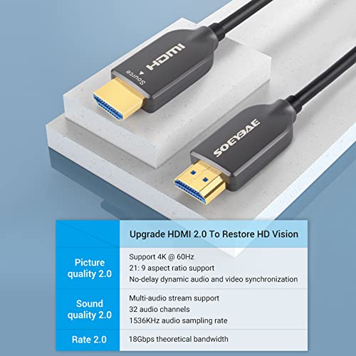 SOYBAE 4k ОПТИЧКИ ВЛАКНА HDMI Кабел 100ft/30m HDMI Кабел 2.0 Поддржува 4K@60Hz, 18gbps, 4: 4: 4, ARC, 3D, ЗА ТВ ЛЦД ЛАПТОП PS3 PS4