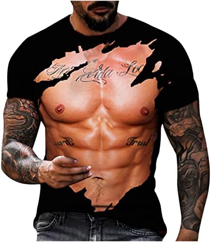 3Д мускул печатена маица за мажи, смешна вежба графичка графичка врата со кратки ракави за кратки ракави за блуза, обични новини меки врвови