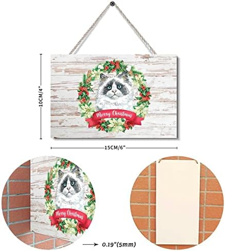 Божиќни врата знаци мачка Божиќ холи венец рустикално дрво знаци Плакети предни врата Божиќни украси за бар -кафе ресторан гаража wallид 4x6