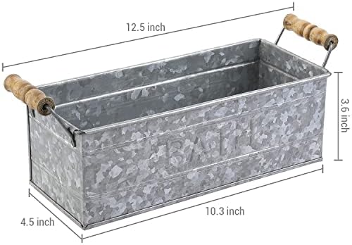 Mygift Galvanized Metal Rectangular Storage Casher со дрвени рачки, држач за тоалети за бања, канта за организатор со врежана етикета за бања
