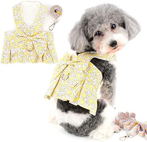 Зунеа мало кучиња фустан со поводник не поставуваат цветни цвеќиња кученце девојки елек -лежишта со d прстен симпатичен лак јазол принцеза