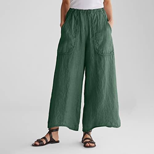 Miashui женски панталони Suite Cancual Worksенски женски солидни панталони со ширина на нозе памучни постелнини со удобни обични панталони