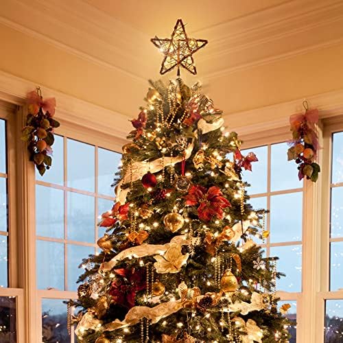Луксспир Божиќна Ѕвезда Топер, Дрвени Природни Christmasан Божиќни Украси Дрво Топер Светлина, Божиќен Декор Орнаменти ЗА Внатрешна САМОДОВЕРБА