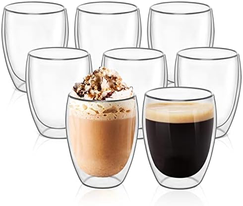 COMSAF 12 мл стакло кафе чаши сет од 8, чаши со стаклени двојни wallидови за кафе лате млеко сок чиста стаклена чаша чаша сет стакленички