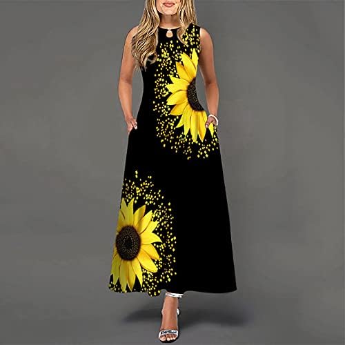 Пролетна мода за жени 2023 година, женско секојдневно печатење голема фустан со облик на вратот, без ракав, без ракав, долг фустан